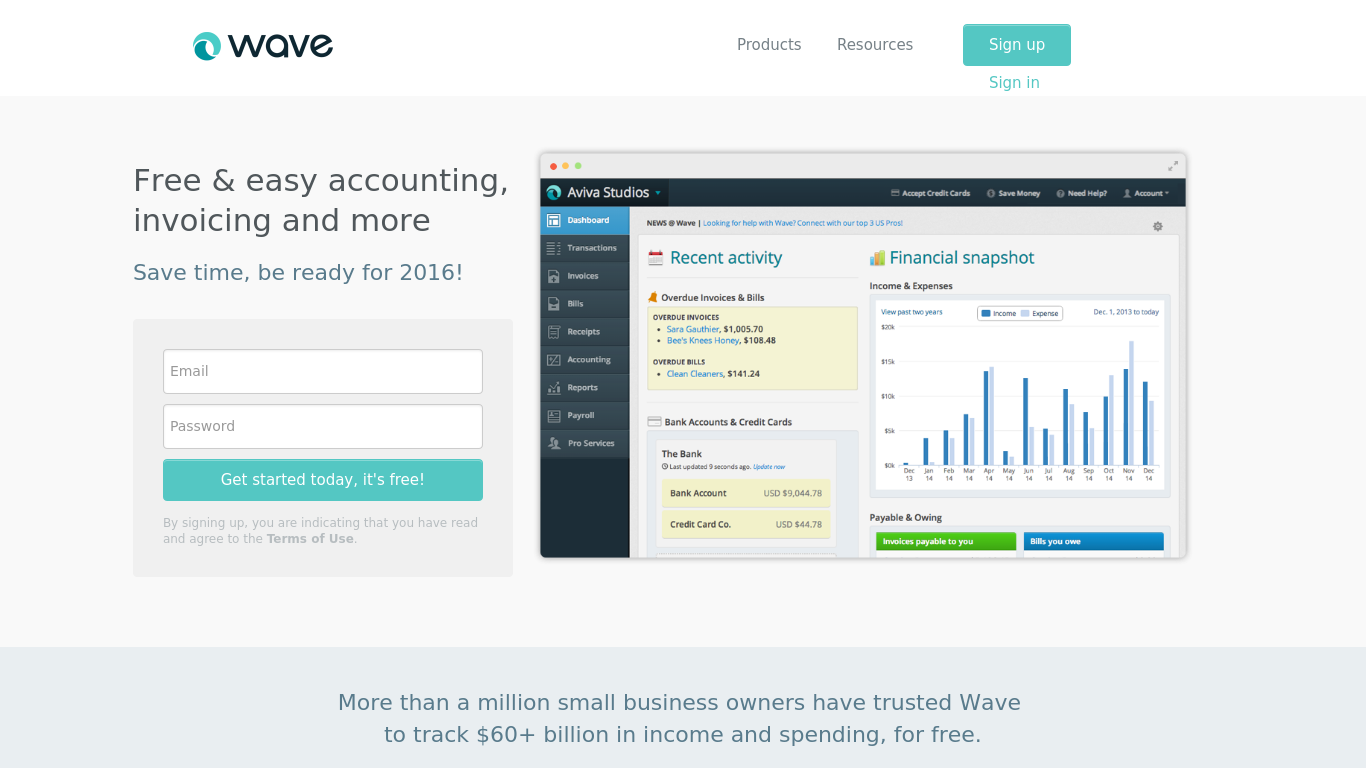 Easy account. Wave Financial. Wave connect. Clean Wave homepage.